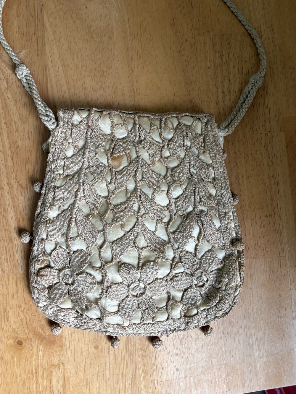 Vintage Beige Crochet Floral Crossbody Bag with silk lining.